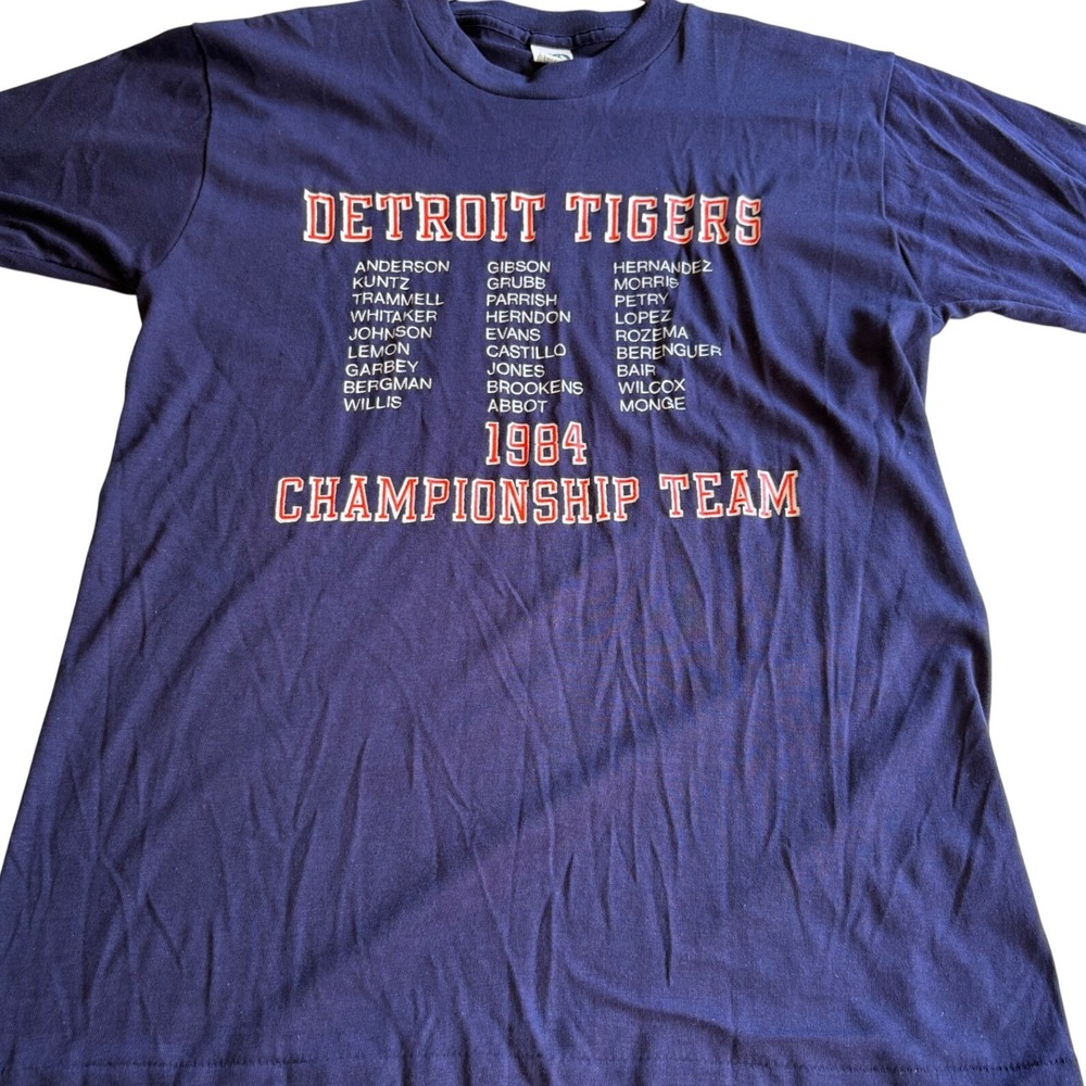 Vintage 1984 Detroit Tigers Championship Team T Shirt Artex Faded Blue Medium
